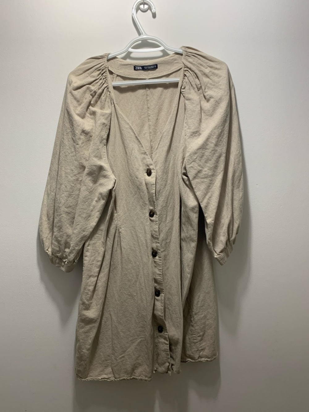 Zara Beige Button-Front Puff Sleeve Mini Dress